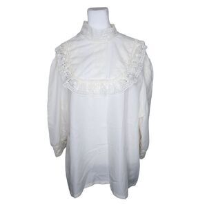 Vintage 80s High Neck Lace Blouse Womens Size 2XL White Romantic Victorian